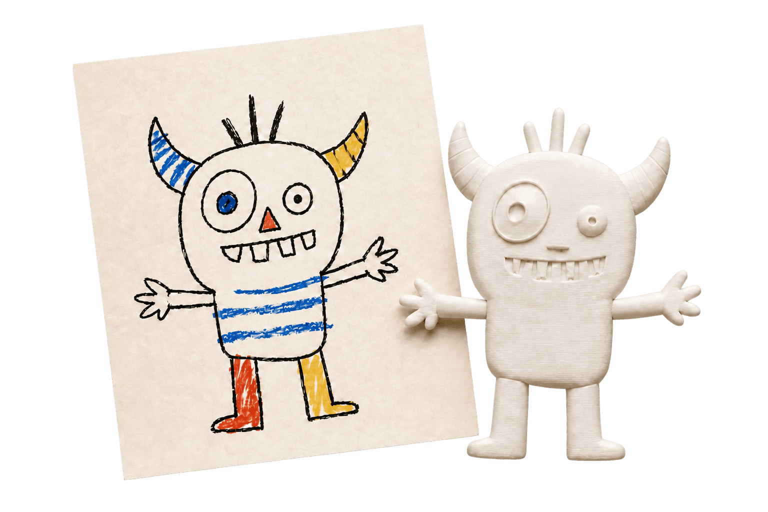 A child's colorful monster drawing beside the matching white 3D printed toy