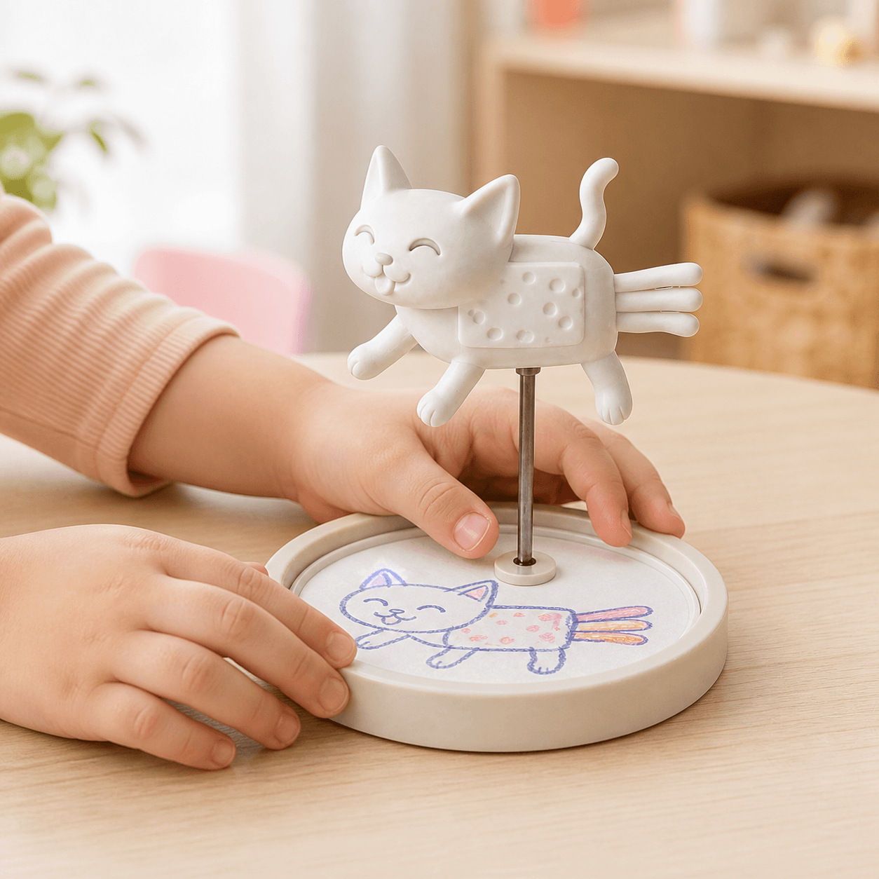 A child playing with their Mimoria 3D printed cat sculpture