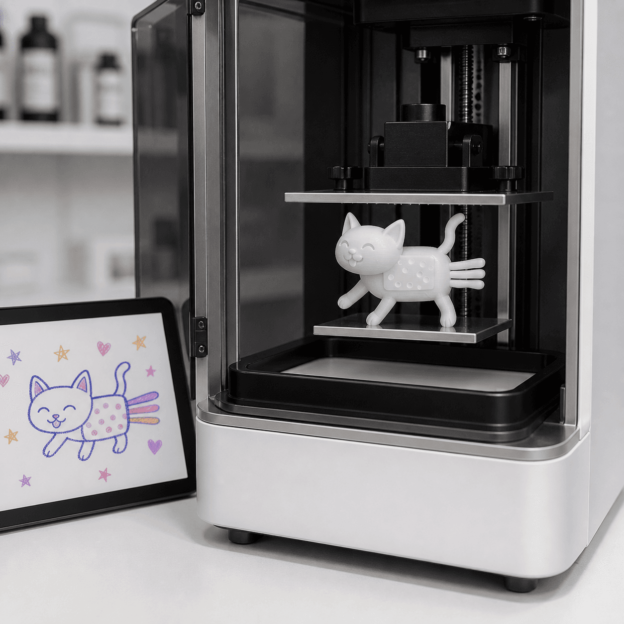 A 3D printer creating a sculpture from a child's cat drawing