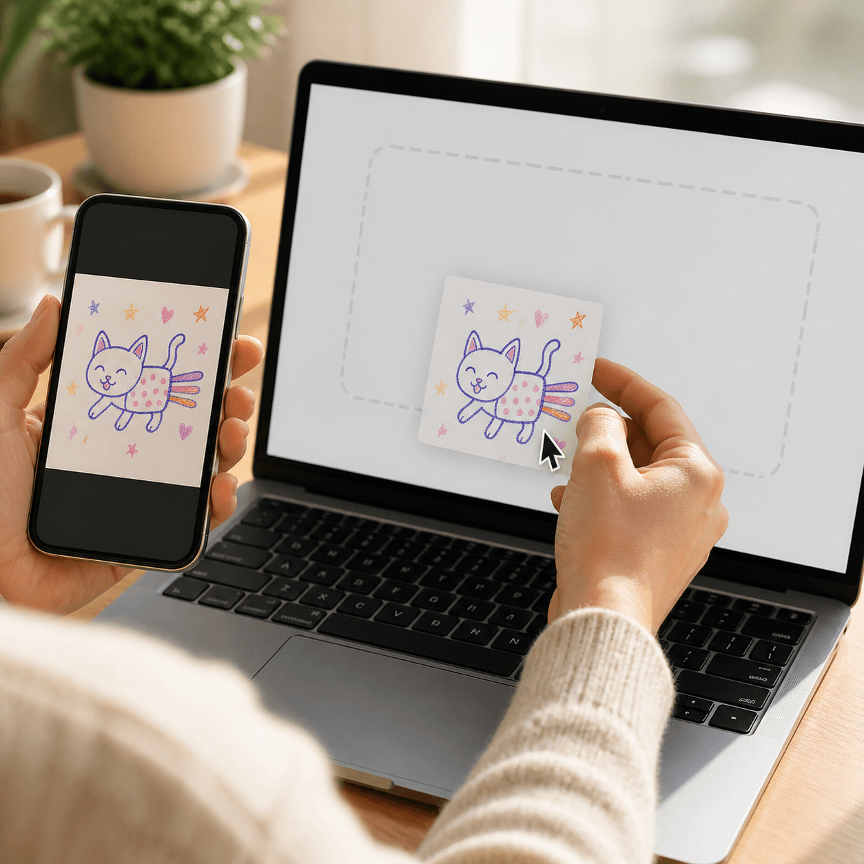 A parent uploading a child's cat drawing to Mimoria
