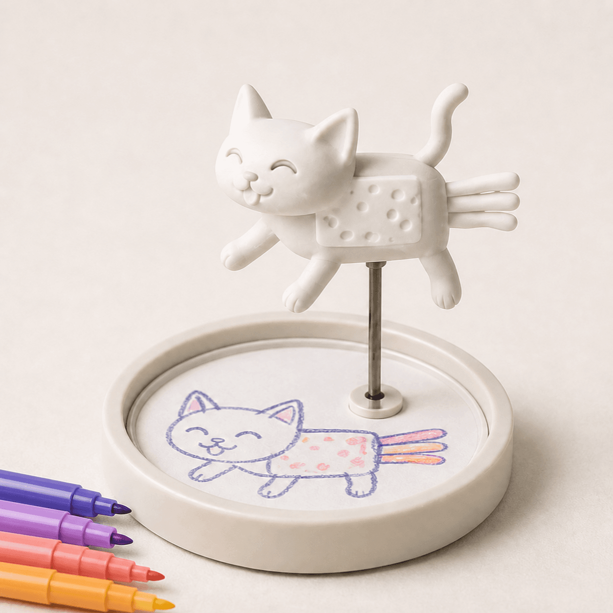 The colorful 3D printed cat sculpture displayed on its Mimoria base