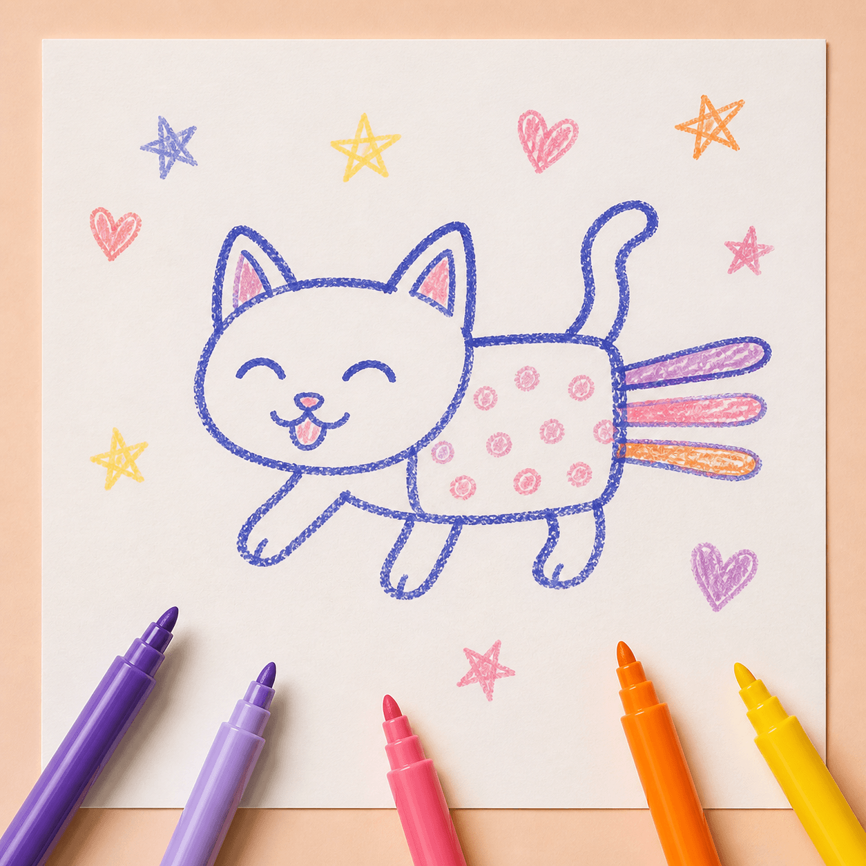 A child's colorful marker drawing of a cat character